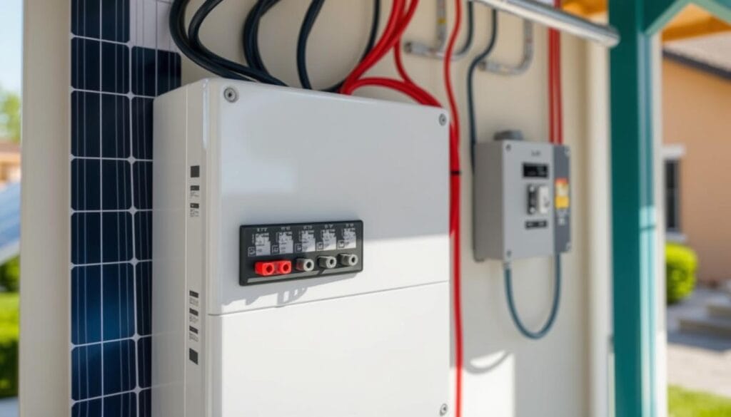 A detailed and technical illustration of a solar inverter installation. Showing the wiring connections between the solar panels, inverter, and electrical system. The image should have a clean, technical, and instructional aesthetic, with a bright, well-lit setting that emphasizes the step-by-step process. The foreground should clearly depict the solar wiring connections, with precise details of the cable types, connectors, and placement. The middle ground should showcase the solar inverter and its integration with the electrical system. The background should provide context, such as the solar panels or a home exterior, to establish the overall application. The lighting should be directional and cast shadows that enhance the 3D form of the components. The camera angle should be angled slightly to provide an optimal view of the wiring details.
