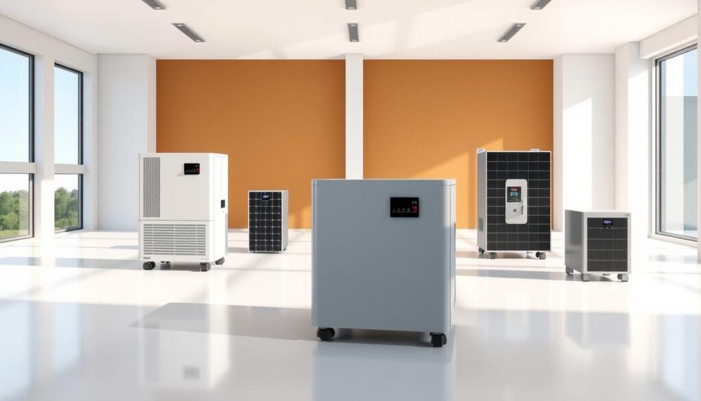 A detailed illustration showcasing the key types of solar inverters - string inverters, microinverters, and hybrid inverters. The scene is set in a bright, well-lit environment, with a sleek, modern aesthetic. The inverters are prominently displayed, showcasing their distinctive designs and form factors. The lighting casts subtle shadows, highlighting the three-dimensional nature of the devices. The background is clean and uncluttered, allowing the inverters to take center stage. The overall composition is balanced and visually appealing, presenting the technical details in an accessible and engaging manner.