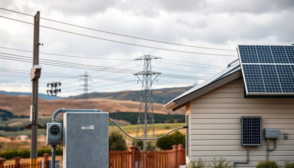A detailed power grid interconnection scene, showcasing a residential solar power system seamlessly linked to the utility infrastructure. In the foreground, a modern home with solar panels on the roof, connected to a utility meter and electrical panel. Middle ground depicts overhead power lines and utility poles, with a transformer visible. The background features rolling hills and a cloudy sky, hinting at the renewable energy integration. Crisp, high-resolution imagery with warm lighting, clean lines, and a sense of technological harmony between the home and the grid. Conveys the careful, regulated process of safely integrating a solar power system with the utility network.