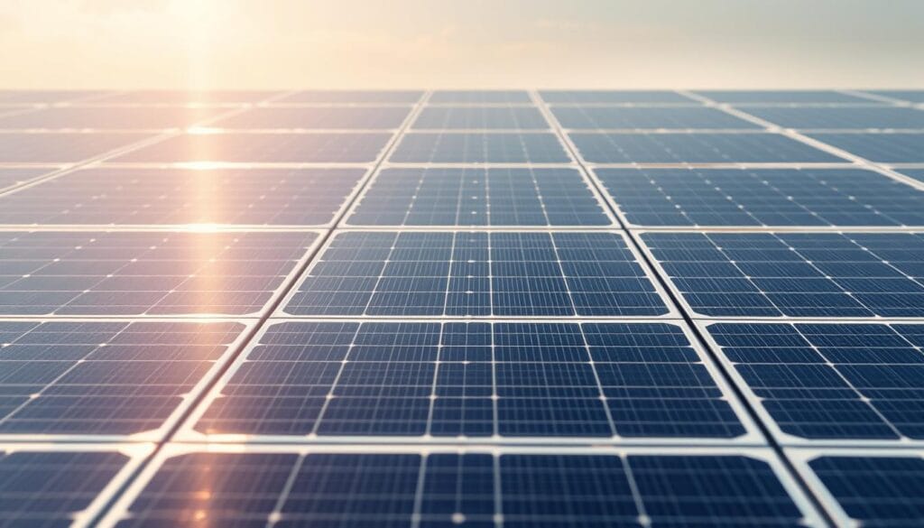 A meticulously detailed closeup of a grid of high-efficiency monocrystalline silicon solar panels in a sleek, minimalist layout. The panels gleam under a bright, natural sunlight, casting sharp, well-defined shadows. The foreground shows the intricate textures and patterns of the panel surfaces, while the middle ground reveals the clean, geometric arrangement of the array. The background is a crisp, cloudless sky in soft, warm hues. The overall composition conveys a sense of modern, cutting-edge technology harnessing the power of the sun.