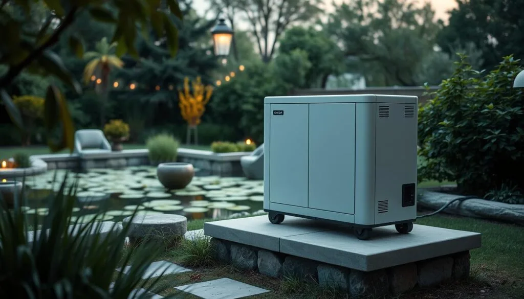 A serene backyard scene with a modern, sleek battery backup power system prominently displayed. The unit sits on a raised platform, its clean lines and compact design a stark contrast to the bulky, noisy traditional generator. Lush greenery and a tranquil pond frame the setup, conveying a sense of environmental harmony. Soft, diffused lighting casts a warm glow, highlighting the system's elegant aesthetics. The overall atmosphere is one of quiet efficiency and sustainable power, inviting the viewer to imagine the benefits of a fuel-free, emission-free backup solution for the home.