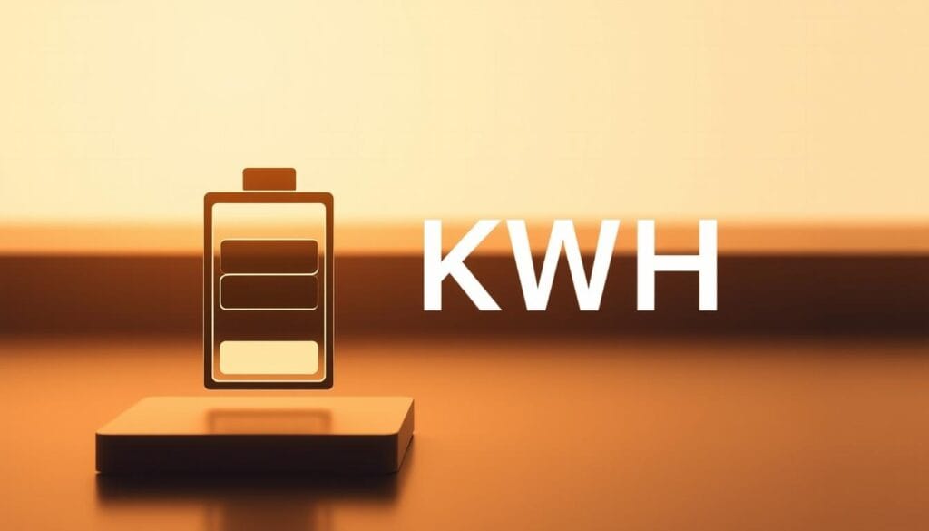 A technical diagram depicting the concept of "kWh capacity" in a clean, minimalist style. In the foreground, a sleek battery icon, its dimensions and charging levels clearly visible. In the middle ground, a numeric display showcasing the kWh rating, expressed in a crisp, legible font. The background features a subtly rendered grid or chart, hinting at the technical measurements and data that define the battery's performance. The overall composition is balanced, with ample negative space to allow the key elements to stand out. Warm, neutral lighting casts a sense of modern sophistication, while the camera angle provides an elevated, slightly angled perspective to convey a sense of authority and expertise.