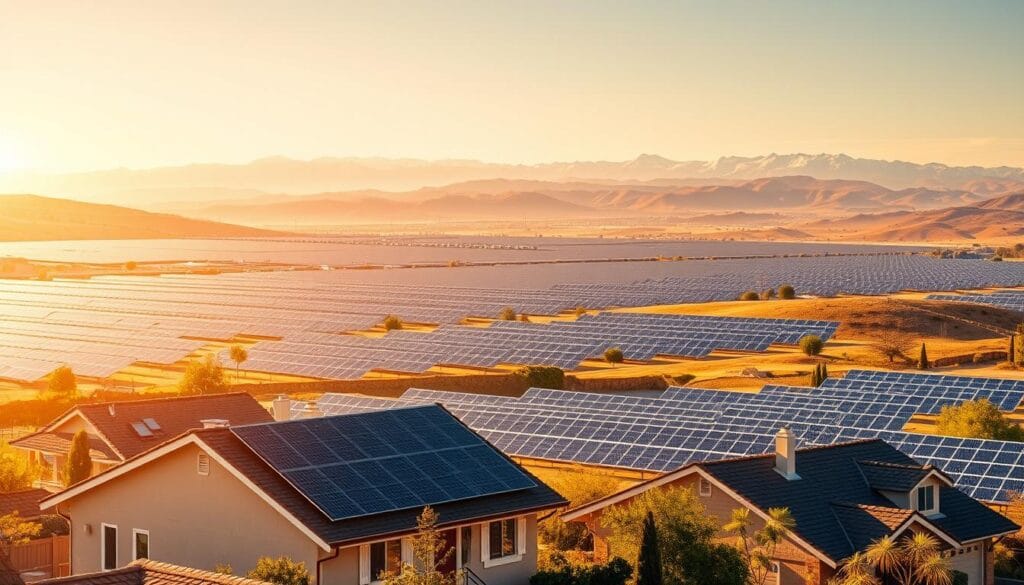 A vast expanse of solar panels nestled amidst the rolling hills of California, bathed in warm, golden sunlight. In the foreground, a sleek, modern residential solar array sits atop a cozy suburban home, its panels gleaming with efficiency. In the middle ground, a sprawling commercial solar farm stretches across the landscape, its orderly rows of panels harnessing the abundant California sunshine. In the distance, the majestic Sierra Nevada mountains rise, their snow-capped peaks framing the scene. The overall atmosphere is one of clean, renewable energy, a testament to California's commitment to sustainable solutions.