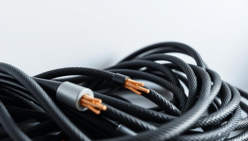 Cables of varying thickness and materials, neatly coiled and organized, illuminated by soft, diffused lighting that casts gentle shadows. The cables are arranged in the foreground, with a clean, minimalist background showcasing their intricate textures and patterns. The lighting creates a sense of depth, highlighting the depth and dimensionality of the cables. The overall atmosphere is one of precision, order, and attention to detail, conveying the importance of these components in a solar inverter installation.
