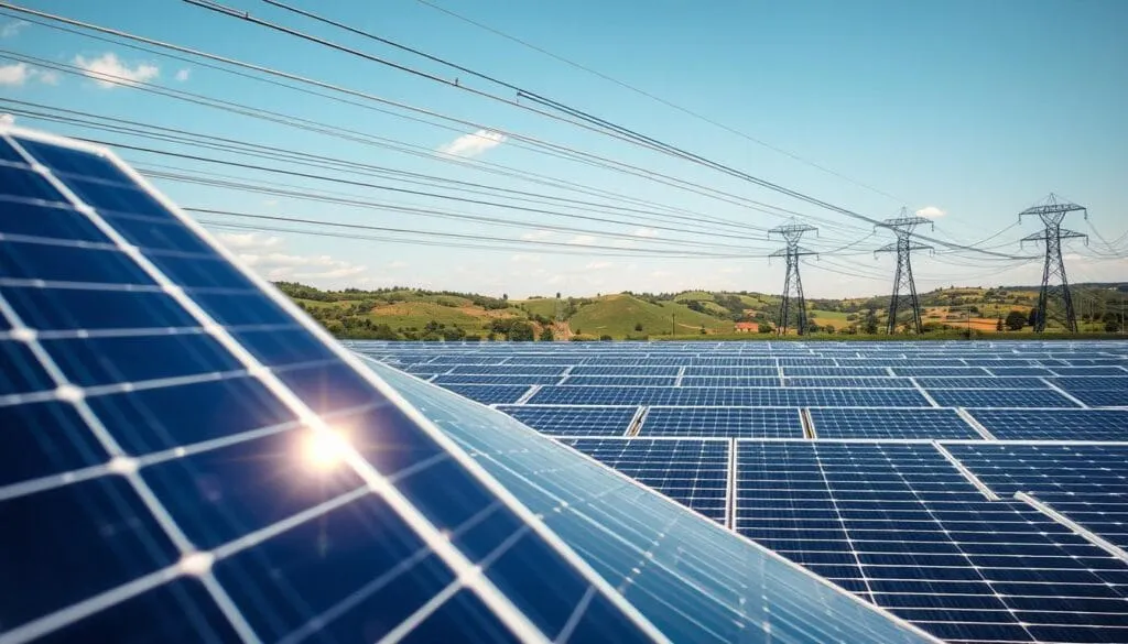 an expansive solar energy grid, with rows of solar panels arranged in a grid-like pattern, capturing sunlight and feeding it into a network of power lines. The foreground features a close-up view of a single solar panel, its glossy surface reflecting the bright, midday sun. The middle ground showcases the intricate web of electrical cables and transformers, conveying the energy generated by the solar panels. The background depicts a rolling landscape, with lush greenery and a cloudless, azure sky, creating a serene, sustainable atmosphere. Soft, diffused lighting illuminates the scene, emphasizing the efficient, clean energy production of the net metering system.