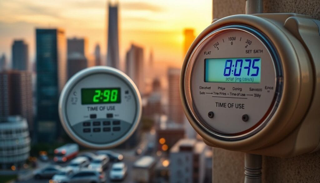 A sleek, minimalist infographic showcasing the "Price per kWh" metric against a clean, soft background. The key visual elements are: In the foreground, a bold, simple infographic displaying the "Price per kWh" figure prominently, represented by a circular dial or gauge with a clear numerical value. The dial is rendered in a muted, sophisticated color palette, potentially featuring hues of blue, gray, or metallic tones. In the middle ground, a subtle grid or graph layout provides context, hinting at the comparative nature of the data. This grid should have a faint, elegant line work that complements the central infographic. The background is a soft, blurred gradient, perhaps transitioning from a light to a slightly darker tone, creating a sense of depth and focus on the main visual elements. This backdrop should feel calming and refined, allowing the infographic to be the star of the composition. The overall aesthetic should be clean, modern, and high-quality, befitting the subject matter of a solar battery
