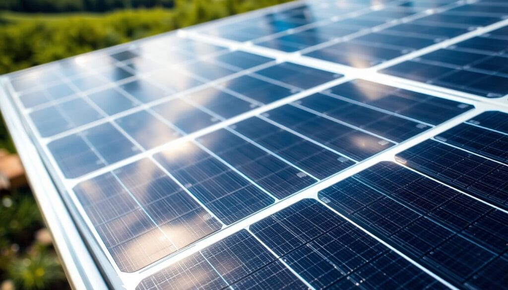 A close-up of a high-quality solar panel, its sleek black surface gleaming under bright, even lighting. The panel is surrounded by a sturdy, weatherproof frame, conveying a sense of durability and long-lasting protection. In the background, a lush, green landscape suggests the panel's ability to withstand the elements and generate clean, renewable energy for years to come. The composition emphasizes the panel's premium construction, with attention to detail in the seamless integration of the frame and the precision of the photovoltaic cells. An air of reliability and trust pervades the scene, reflecting the warranty and lasting value of this investment in sustainable energy.