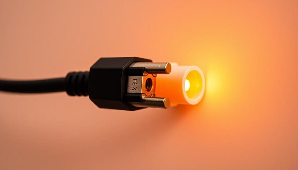 A close-up shot of two electrical connectors coupling together, showcasing the mechanism of compatibility between solar panels and battery systems. The connectors are sleek, metallic, and precisely aligned, illuminated by a warm, soft light that emphasizes their technical precision. The background is a neutral, muted tone, allowing the connectors to be the focal point, conveying a sense of harmony and integration between the various components of a home solar power setup.