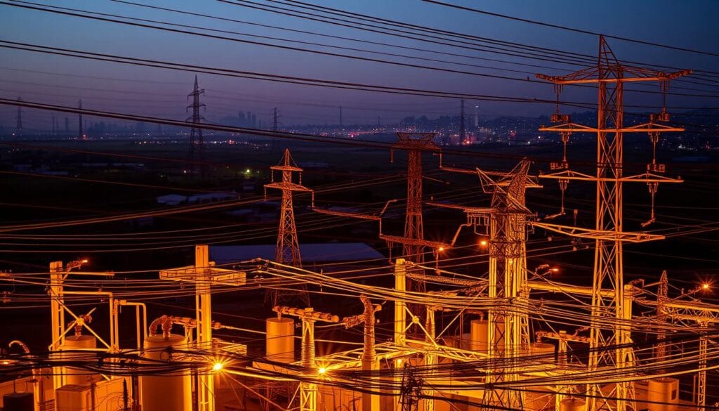A complex grid of interconnected electrical lines, pylons, and transformers illuminated by a warm, golden glow. In the foreground, a network of voltage regulators, capacitors, and switches pulsing with energy. In the middle ground, high-voltage transmission towers stretch across the horizon, casting long shadows. In the background, a hazy urban skyline, with the silhouettes of skyscrapers and power stations. The scene conveys the intricate dance of electricity, the delicate balance that powers our modern world.