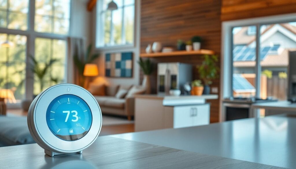 A cozy home interior with a well-lit living room, filled with natural light streaming through large windows. In the foreground, an energy-efficient appliance, such as a smart thermostat or a solar battery backup system, takes center stage. The middle ground showcases a sleek, modern kitchen with energy-saving appliances, while the background reveals a backyard with solar panels on the roof, hinting at the home's renewable energy sources. The overall atmosphere is one of comfort, efficiency, and environmental consciousness, reflecting the homeowner's commitment to sustainable living.