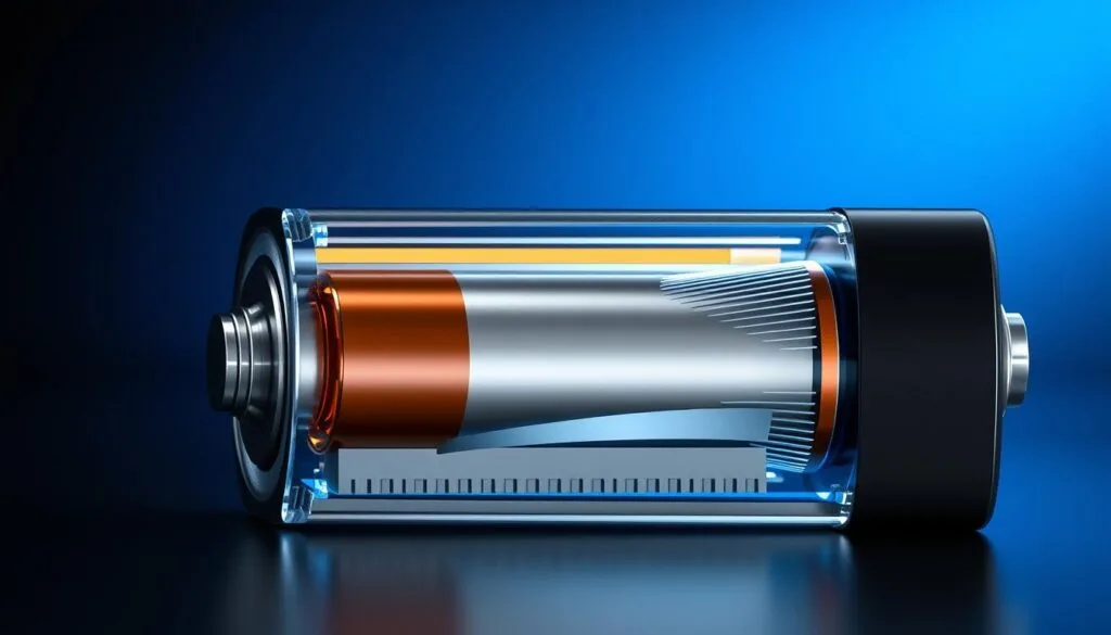 A detailed cross-section of a LiFePO4 battery cell, showcasing its robust construction and durability. In the foreground, the layered internal components are meticulously rendered, including the anode, cathode, and electrolyte, all encased in a reinforced housing. The middle ground depicts the battery's advanced thermal management system, with cooling fins and heat dissipation channels visible. In the background, a subtle blue-tinted glow emanates, conveying the battery's high energy density and efficiency. The lighting is crisp and directional, highlighting the technical details and creating a sense of precision and engineering excellence. The overall composition and attention to detail aim to visually communicate the exceptional durability, safety, and long lifespan of LiFePO4 battery technology.