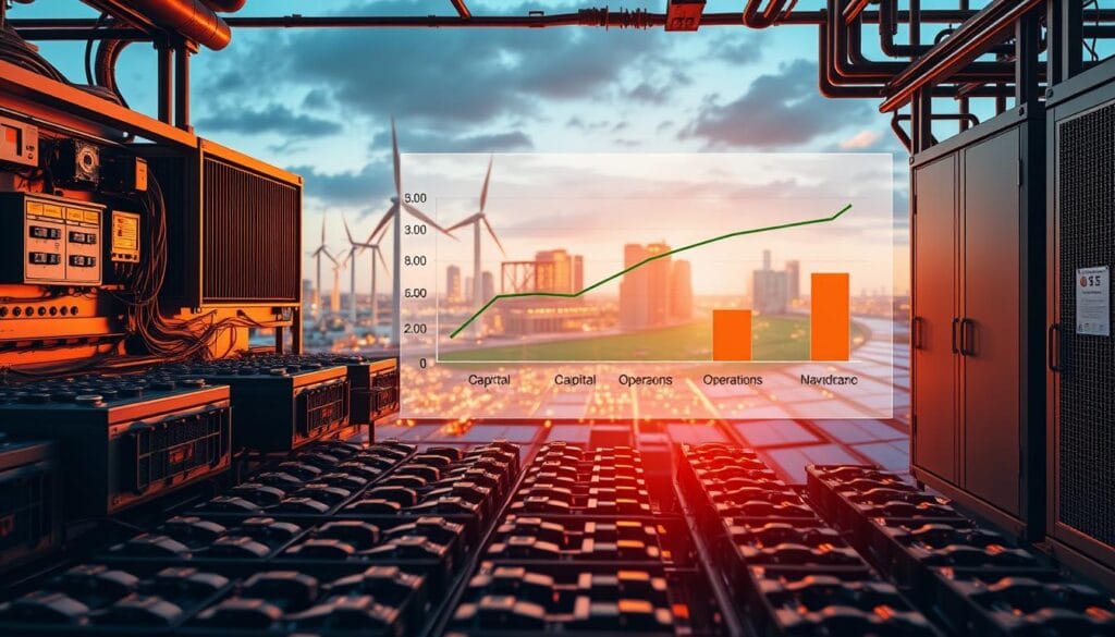 A detailed, data-driven visualization of the cost components of energy storage systems. In the foreground, an array of battery cells, power electronics, and storage enclosures, illuminated by warm industrial lighting. In the middle ground, a graph displaying the relative costs of capital, operations, and maintenance for different storage technologies. In the background, a cityscape with renewable energy sources like wind turbines and solar panels, emphasizing the role of storage in a sustainable energy ecosystem. The overall mood is one of technical precision and the promise of a clean energy future.