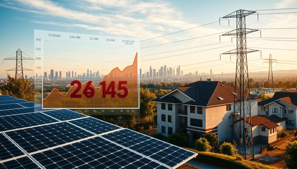 A dynamic power grid landscape, with a digital time-of-use graph prominently displayed. The graph shows variable electricity rates throughout the day, with peaks and valleys denoting high and low-cost periods. In the foreground, a solar panel array casts dynamic shadows, hinting at the potential for energy arbitrage. The middle ground features a modern suburban home, its roof adorned with solar panels, conveying the notion of home energy optimization. The background depicts a sweeping cityscape, where skyscrapers and transmission lines hint at the broader energy infrastructure. The scene is illuminated by a warm, golden-hour lighting, evoking a sense of opportunity and financial savings.