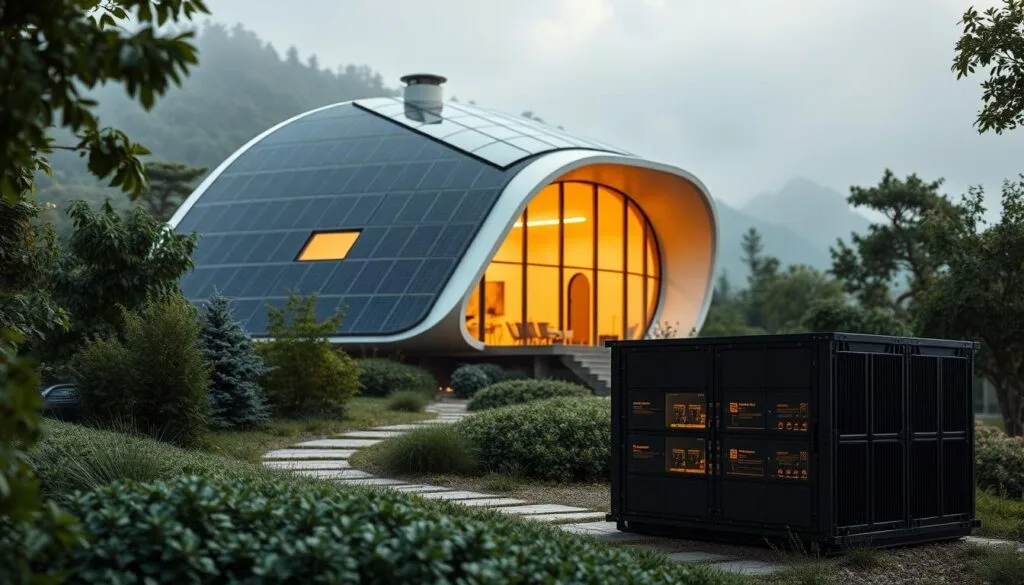 A futuristic home nestled in a lush, verdant landscape, its sleek, modern facade adorned with solar panels. The structure appears to shift and pulse, its form undulating gently as it harnesses the power of the sun. The interior radiates a warm, amber glow, a testament to the efficient energy storage and management system that powers the home. In the foreground, a battery bank stands ready, its modular design allowing for seamless integration with the solar array. The scene is bathed in a soft, diffused light, creating an atmosphere of tranquility and technological harmony. The entire composition conveys the idea of a self-sufficient, time-shifting home that adapts to the rhythms of the sun and the grid, perfectly embodying the ethos of California's NEM 3.0 policy.