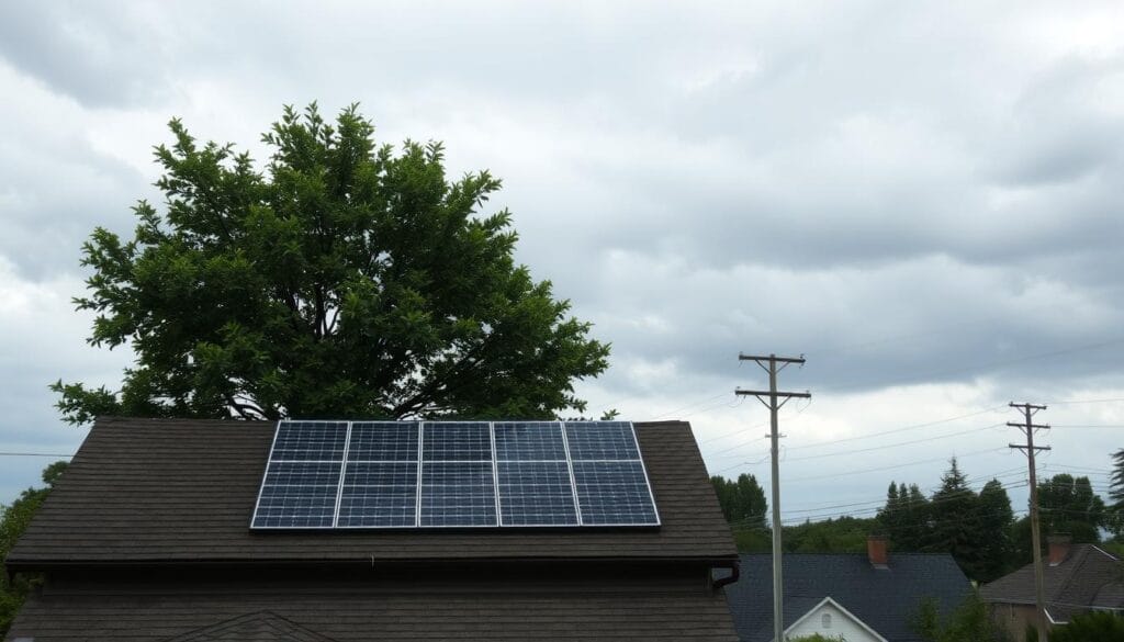A gloomy, overcast sky casts a shadow over a suburban neighborhood. In the foreground, a partially shaded roof with outdated solar panels, their efficiency diminished by the lack of direct sunlight. The middle ground depicts a leafy tree, its branches blocking the sun's rays from reaching the solar array. In the background, power lines and utility poles stand as a reminder of the grid-based electricity system. The overall scene conveys a sense of missed opportunity, where the benefits of solar power are diminished by environmental factors beyond the homeowner's control.