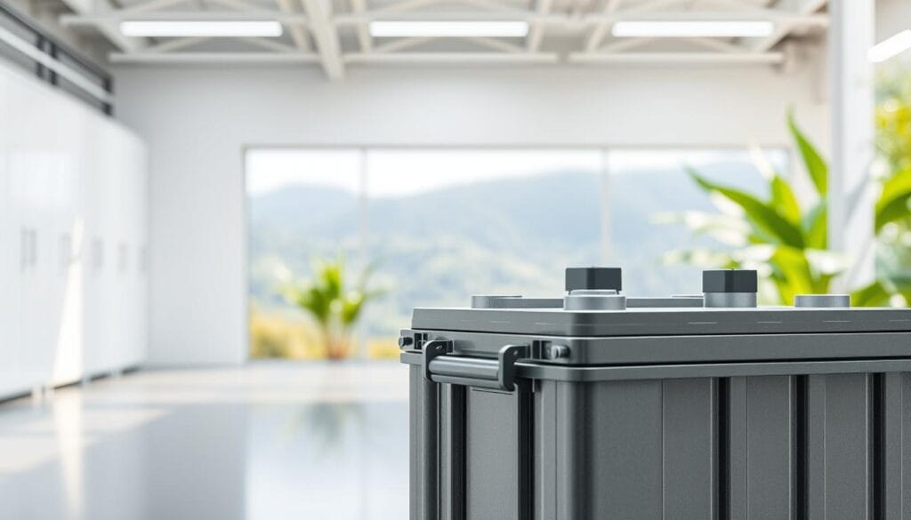A heavy, metallic battery casing sits prominently in the foreground, its sturdy construction and substantial weight evoking a sense of durability and reliability. In the middle ground, a clean, well-lit space with a sleek, modern aesthetic, highlighting the battery's integration into a sustainable energy system. The background features a serene, natural landscape with verdant foliage, conveying the environmental benefits of this renewable energy solution. Bright, diffused lighting illuminates the scene, creating a balanced, harmonious atmosphere that underscores the harmony between technology and nature.
