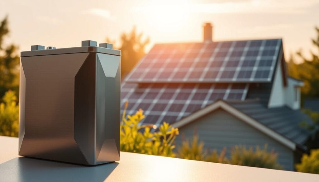 Benefits of Residential Solar Power 4 A high-capacity, sleek lithium-ion battery set against a softly lit backdrop. The battery's metallic casing gleams, casting subtle highlights across its angular, modern design. In the middle ground, a solar panel array rises, its solar cells glistening under a warm, diffused light. The background fades into a serene, sun-dappled scene of a suburban home, its rooftop panels harnessing the abundant renewable energy. The overall atmosphere conveys a sense of efficiency, sustainability, and the reliable power needed to support a home's energy needs.