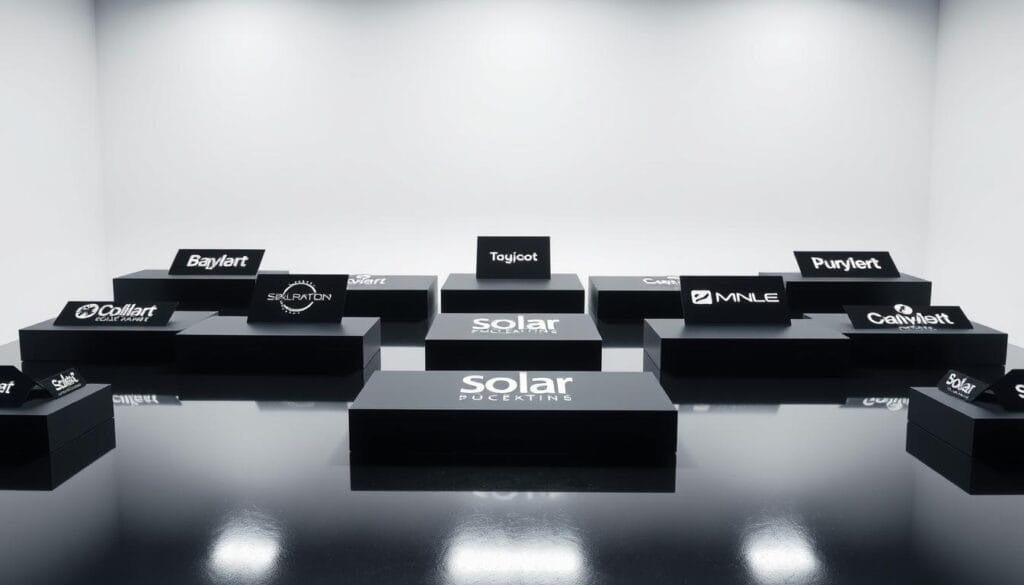 A high-contrast, well-lit overhead photograph of a sleek, minimalist product display showcasing various solar panel brands. The foreground features a clean, modern layout with the brand logos prominently displayed on sleek, matte-black pedestals, arranged in a grid-like pattern. The middle ground includes subtle reflections on a glossy, reflective surface, creating depth and visual interest. The background is a simple, uncluttered white studio setup, with soft, diffused lighting that casts gentle shadows, emphasizing the three-dimensional nature of the products. The overall mood is one of sophistication, quality, and technological prowess, reflecting the high-end nature of the solar panel industry.