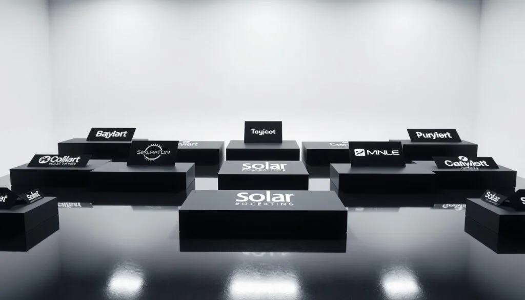A high-contrast, well-lit overhead photograph of a sleek, minimalist product display showcasing various solar panel brands. The foreground features a clean, modern layout with the brand logos prominently displayed on sleek, matte-black pedestals, arranged in a grid-like pattern. The middle ground includes subtle reflections on a glossy, reflective surface, creating depth and visual interest. The background is a simple, uncluttered white studio setup, with soft, diffused lighting that casts gentle shadows, emphasizing the three-dimensional nature of the products. The overall mood is one of sophistication, quality, and technological prowess, reflecting the high-end nature of the solar panel industry.