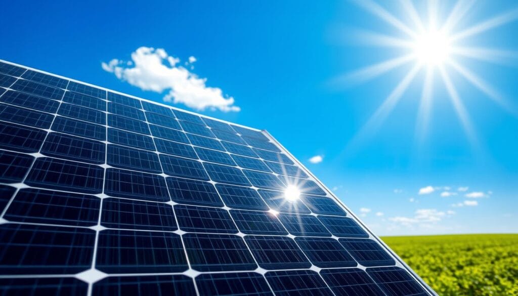 A high-efficiency solar panel against a backdrop of a sun-drenched landscape. The panel's surface is a sleek, glossy black, reflecting the sky's brilliant blue hue. Sunlight streams down, illuminating the panel's intricate circuitry and metallic frame in crisp detail. The foreground showcases the panel's precise dimensions, while the middle ground reveals its angular, modern design. In the background, a lush, verdant field stretches out, underscoring the panel's environmental compatibility. The overall composition conveys the panel's technological sophistication and its ability to harness the sun's abundant energy for practical, cost-effective use.