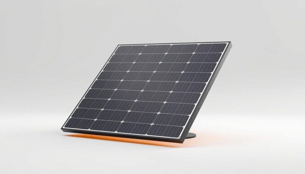 A high-quality photorealistic rendering of a perovskite-silicon tandem solar panel in a modern, minimalist setting. The panel is displayed against a clean, neutral background, showcasing its sleek, low-profile design. The panel's surface is depicted with precision, capturing the intricate textures and patterns of the perovskite and silicon layers. Subtle, directional lighting highlights the panel's angular form, creating depth and emphasizing its innovative, cutting-edge appearance. The overall scene conveys a sense of technological advancement and the future of renewable energy solutions.