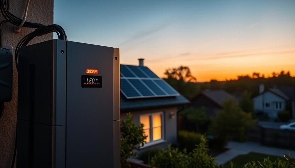 A large, modern home battery system standing prominently in the foreground, its sleek metallic casing and LED indicators casting a warm, reassuring glow. In the middle ground, solar panels on the roof capture the sun's energy, connected to the battery via intricate wiring. The background features a tranquil suburban neighborhood, with lush greenery and a clear, twilight sky, conveying a sense of self-sufficiency and independence. The lighting is soft and atmospheric, with a slight lens flare effect, creating a captivating and technologically-advanced aesthetic.