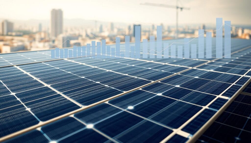 A meticulously detailed illustration of the "cost per watt" concept, showcasing a solar panel array against a backdrop of financial charts and graphs. The foreground features a solar panel, its surface textured with intricate patterns, casting subtle shadows. The middle ground displays a series of bar graphs and line charts, data points fluctuating to represent the varying costs per watt. The background is a soft, blurred cityscape, hinting at the practical application of this renewable energy technology. The lighting is crisp and directional, emphasizing the technical aspects, while the overall atmosphere conveys a sense of precision, innovation, and financial optimization.