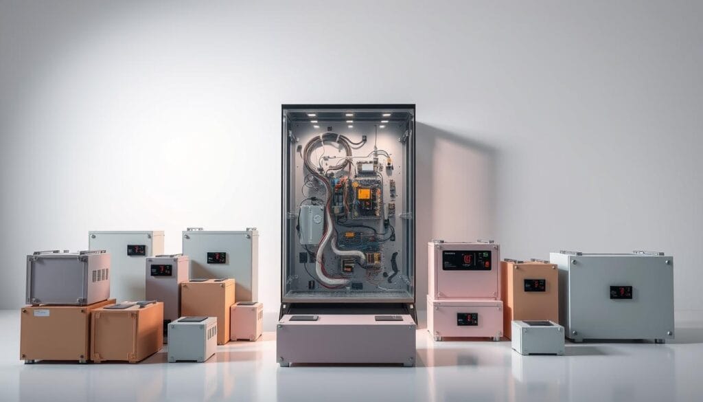 A meticulously engineered array of advanced lithium-ion and solid-state batteries, showcased against a sleek, minimalist backdrop. The foreground depicts a collection of compact, high-capacity battery modules in various pastel hues, subtly reflecting the warm glow of strategically placed studio lighting. In the middle ground, a transparent display case reveals the intricate internal components, highlighting the cutting-edge technology powering the next generation of home energy storage solutions. The background features a clean, white seamless wall, emphasizing the sophistication and modernity of these state-of-the-art batteries, perfectly suited for integration with home solar power systems.