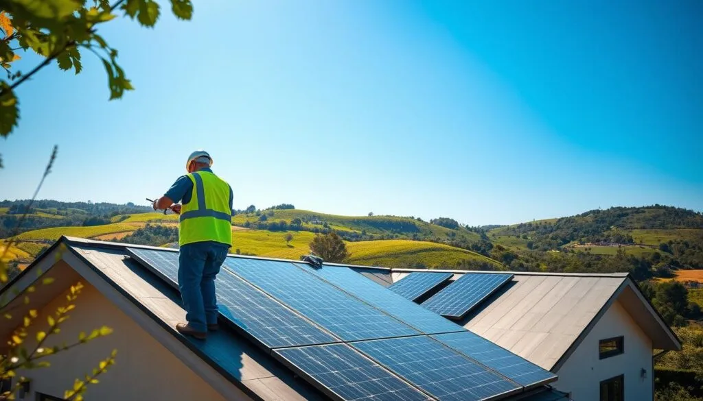 A modern, well-lit residential installation of a solar power system. In the foreground, a technician in a safety vest installs solar panels on the slanted roof of a single-story home, while in the middle ground, the home's sleek, minimalist exterior is visible. In the background, a lush, verdant landscape with rolling hills and a clear blue sky create a peaceful, natural setting. Warm, directional lighting casts long shadows, highlighting the intricate details of the installation process. The scene conveys a sense of efficiency, sustainability, and seamless integration of renewable energy technology into the domestic landscape.