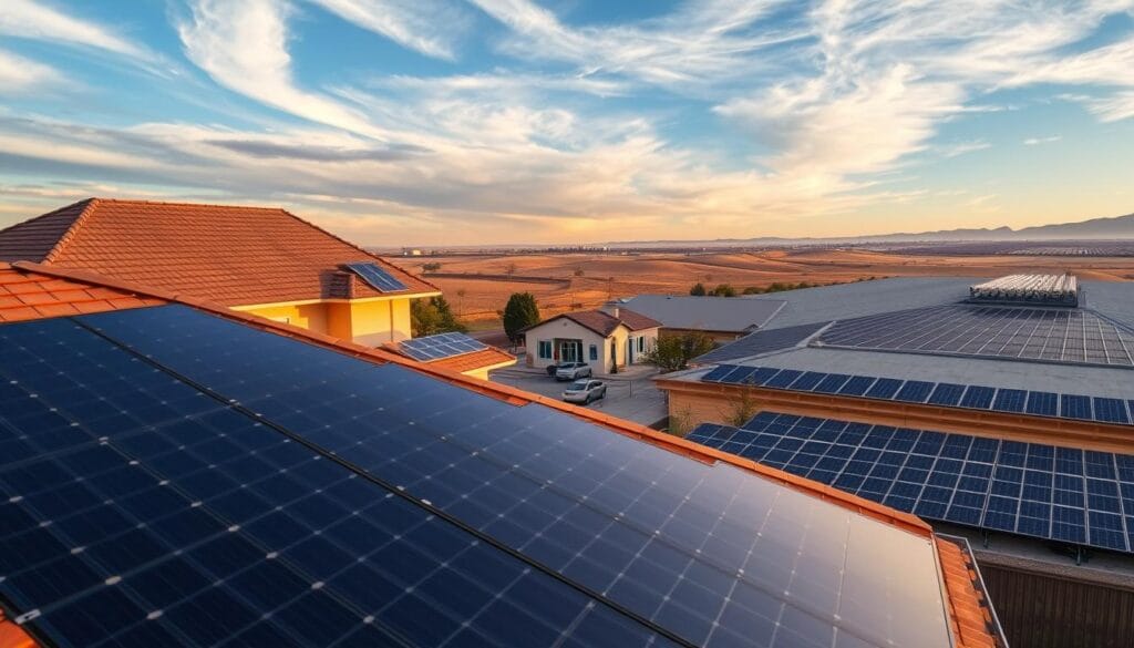 A residential solar array on a suburban home, with a commercial solar farm in the background. The home's roof is covered in sleek black solar panels, casting a warm glow. In the middle ground, a small business property with solar panels on the roof. Further away, a vast solar farm stretches across a rolling landscape, its rows of shimmering panels reflecting the golden hour sunlight. Wispy clouds drift overhead, and the scene conveys a sense of clean, renewable energy powering both homes and businesses.