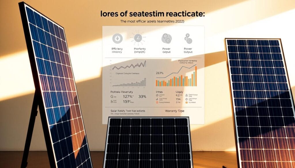 A side-by-side comparison of the most efficient solar panels, illuminated by warm, directional lighting that casts dramatic shadows. The foreground features three solar panels, their sleek black frames and glistening blue-tinted glass surfaces capturing the light. In the middle ground, technical diagrams and charts illustrate the key performance metrics - efficiency, power output, and warranty information. The background maintains a clean, minimalist aesthetic, allowing the panels and data visualizations to take center stage.