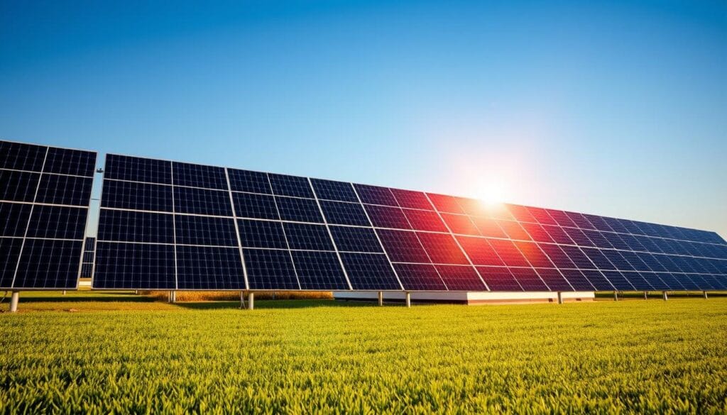 A sleek and modern solar panel array, bathed in warm afternoon sunlight, standing proudly against a clear blue sky. The panels are arranged in a neat, symmetrical grid, their glossy black surfaces reflecting the sun's rays with precision. In the foreground, a well-manicured lawn provides a lush, verdant contrast, while the middle ground features a clean, minimalist architectural structure, perhaps a residential home or small commercial building, seamlessly integrated with the renewable energy system. The overall composition conveys a sense of efficiency, sustainability, and a vision for a future powered by affordable, accessible solar technology.