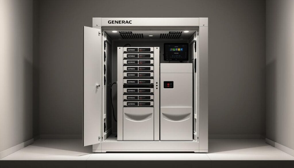 A sleek, highly modular Generac PWRcell battery storage system, its streamlined cabinet showcasing the advanced lithium-ion battery cells within. Soft, even lighting illuminates the clean, geometric design, accentuating the system's efficiency and technical prowess. The background is a minimalist setting, allowing the battery unit to take center stage. The image conveys a sense of power, reliability, and sophisticated engineering - key attributes of this cutting-edge home energy storage solution.