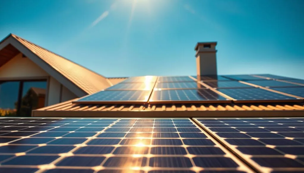 A sleek, modern home with solar panels installed on its roof, bathed in warm, golden sunlight that highlights the efficient, symmetrical arrangement of the panels. The foreground shows a close-up view of the solar cells, their intricate circuitry and pristine surfaces gleaming with precision. In the middle ground, the roof's clean lines and sharp angles convey a sense of engineering prowess, while the background features a clear, azure sky that emphasizes the renewable, environmentally-friendly nature of the solar power system. The overall composition exudes a sense of technological elegance and the perfect balance of form and function.