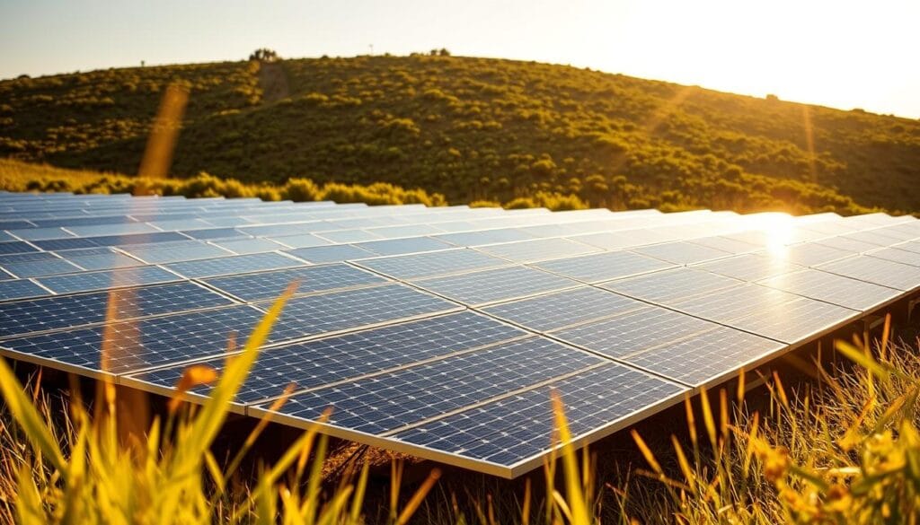 A sleek, modern solar battery array nestled in a serene, sun-drenched landscape. Gleaming panels arranged in a uniform grid, capturing the sun's radiant energy and storing it for later use. The scene is bathed in warm, golden light, casting long shadows and highlighting the panels' clean, minimalist design. In the background, a rolling green hill dotted with lush vegetation provides a natural backdrop, underscoring the sustainable, eco-friendly nature of the technology. The overall composition conveys a sense of harmony between technology and nature, showcasing the power of renewable energy solutions for the home.