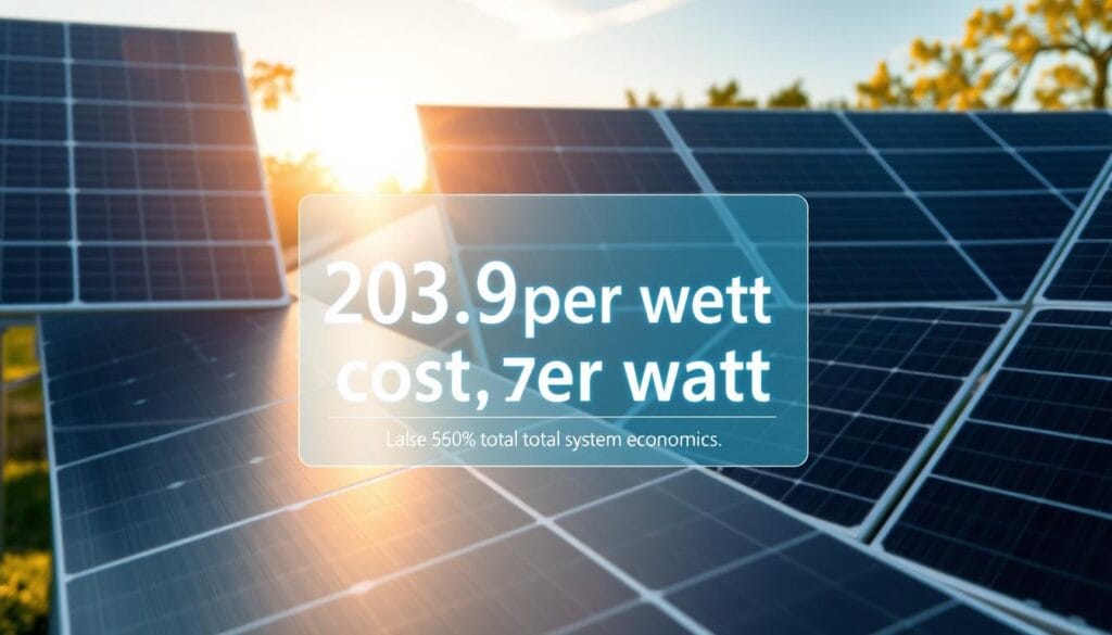 A sleek, modern solar panel array against a backdrop of a sun-dappled landscape, showcasing the cost per watt in a clean, data-driven visualization. The panels are arranged in a symmetrical grid, their smooth, reflective surfaces catching the warm glow of the sun. In the foreground, a holographic display projects clear, concise metrics on the cost per watt, highlighting the value and total system economics. The lighting is natural and diffused, creating a sense of balance and efficiency. The overall composition conveys a sense of innovation, sustainability, and the practical considerations of transitioning to renewable energy.