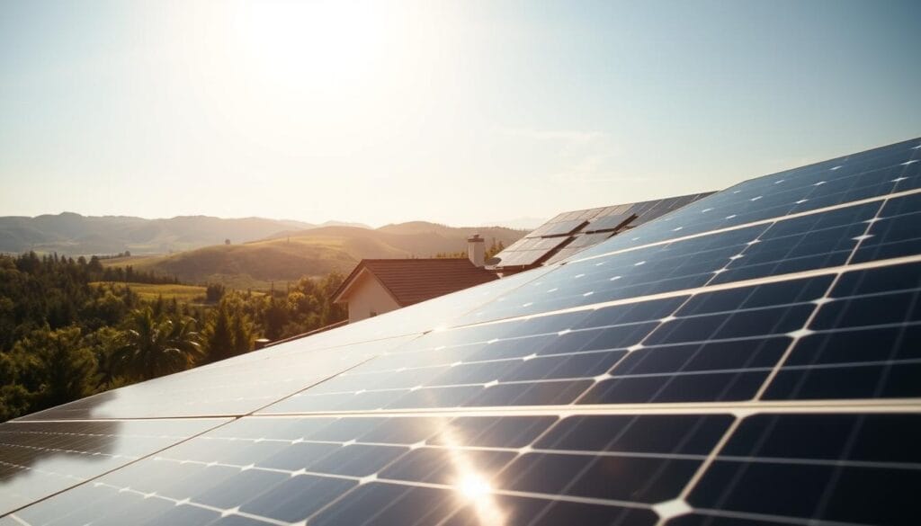 A solar panel array set against a bright, sun-drenched sky. In the foreground, modern panels with clean, sleek lines glisten in the warm light. The middle ground features a well-manicured suburban home, its roof adorned with the efficient solar technology. In the background, rolling hills and lush greenery create a serene, natural backdrop. The composition emphasizes the harmonious integration of renewable energy with the domestic environment, conveying a sense of sustainability and self-sufficiency. Captured with a wide-angle lens to showcase the full scale of the installation, the image radiates a mood of eco-conscious progress and technological innovation.