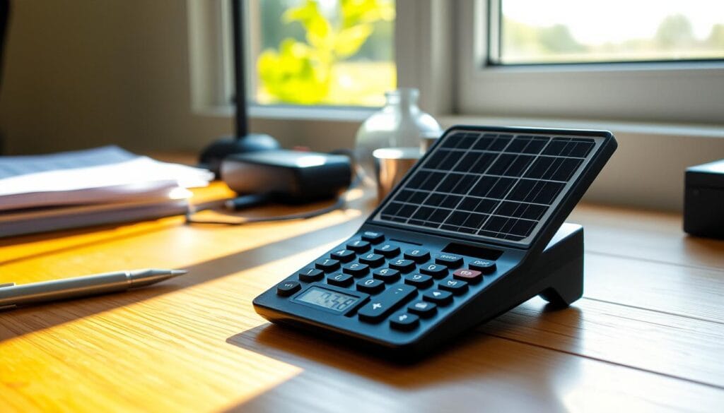 A solar-powered calculator sitting on a wooden desk, illuminated by natural sunlight streaming through a window. The calculator has a sleek, modern design with a digital display and solar panels on the top. The desk is neatly organized, with a few other office supplies nearby, creating a clean and productive workspace. The scene conveys a sense of efficiency and eco-friendliness, reflecting the theme of using a solar panel size calculator to find the ideal system for your needs.