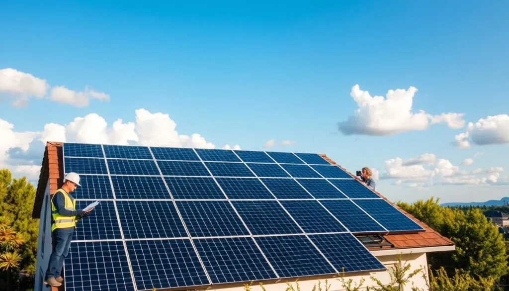 A close-up view of a solar panel in bright natural lighting, capturing its sleek and modern design. The panel is mounted on a sturdy metal frame, showcasing its durable construction. The surface is smooth and reflective, with a warranty sticker prominently displayed, emphasizing the panel's longevity and manufacturer's guarantee. The background is a serene, blue sky with wispy clouds, creating a sense of tranquility and environmental sustainability. The composition highlights the panel's technical specifications and the importance of a comprehensive warranty in ensuring long-term performance and value for homeowners.