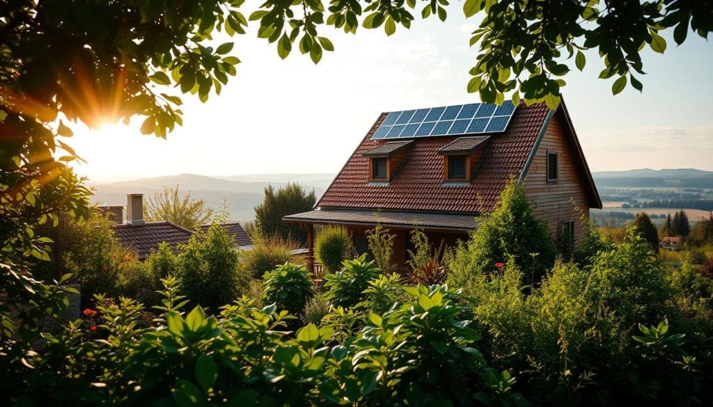 A sun-dappled scene of a family's cozy home, nestled among lush greenery. In the foreground, a vibrant garden showcases a diverse array of thriving plants, symbolizing the sustainable and self-sufficient lifestyle. The middle ground features a modern, energy-efficient solar panel system adorning the roof, casting a warm, golden glow across the scene. In the background, a tranquil horizon with rolling hills and a cloudless sky, conveying a sense of harmony and environmental balance. The overall mood is one of calm, contentment and a deep appreciation for the power of renewable energy to not only save money, but also contribute to a greener, more sustainable future.