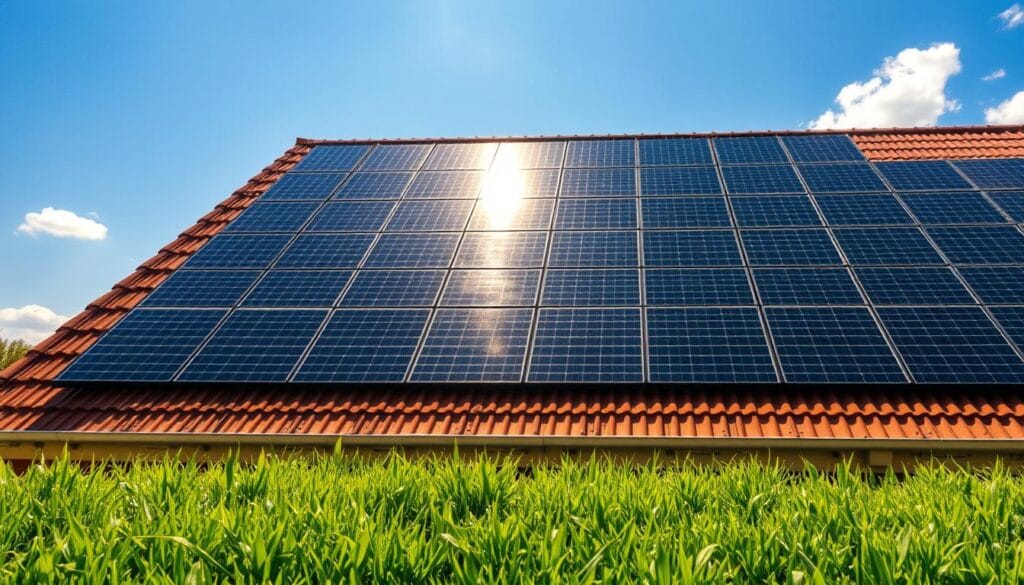 A sun-drenched rooftop with a meticulously arranged array of sleek, black solar panels. Crisp, crystalline shadows cast by the panels create a geometric pattern on the surface below. The panels are angled optimally to capture the sun's radiant energy, their glossy surfaces reflecting the bright, cloudless sky. In the foreground, a well-manicured lawn frames the scene, creating a harmonious blend of natural and technological elements. The lighting is warm and inviting, evoking a sense of renewable power and sustainable living. The overall composition conveys a streamlined, efficient, and cost-effective solar energy solution that seamlessly integrates into a residential setting.
