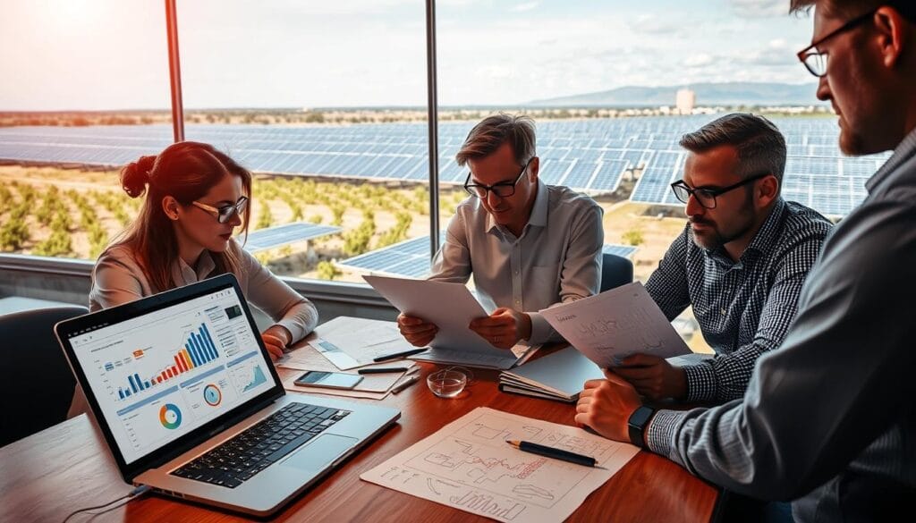 A team of solar energy analysts diligently poring over financial reports, market trends, and technological innovations under warm, directional lighting. In the foreground, a laptop displays intricate data visualizations and evaluative criteria. In the middle ground, reference materials and sketches are spread across a wooden desk, conveying a sense of methodical research. The background features a panoramic view of a bustling solar farm, hinting at the real-world impact of their assessments. The overall scene radiates an atmosphere of focused, analytical problem-solving to determine the leaders in the dynamic solar energy sector.
