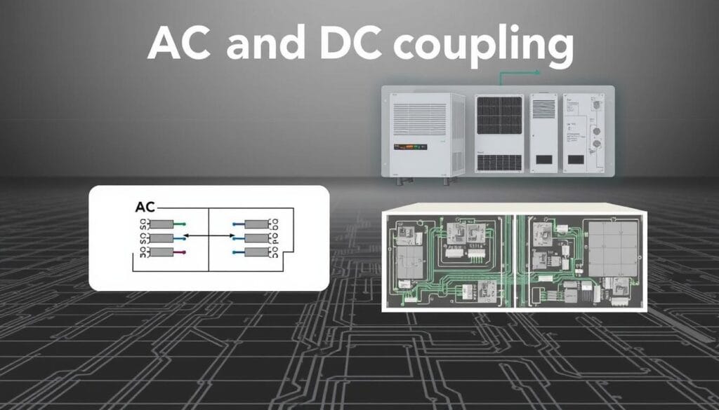 A technical illustration of AC and DC coupling, showcasing the key electrical connections and power flow. In the foreground, a crisp schematic diagram depicts the AC and DC inputs, inverters, and coupling points. The middle ground features detailed cross-sectional views of the electrical components, with clean lines and precise engineering schematics. The background provides a muted, technical landscape, with subtle grid patterns and circuit board textures, creating a sense of depth and electrical infrastructure. The overall tone is one of engineering precision, technical clarity, and a focus on the crucial design elements that shape solar energy system performance.