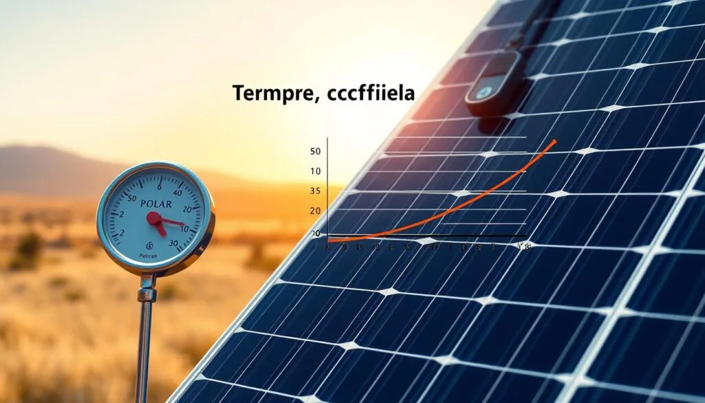 A temperature coefficient diagram depicting the relationship between solar panel power output and temperature. Foreground shows a solar panel with a thermometer attached, displaying a numerical temperature value. Middle ground features a graph with a curve illustrating the power drop as temperature increases. Background depicts a warm, sunny landscape with a clear sky, suggesting real-world operating conditions. Rendered in a technical, scientific style with precise lines and muted colors to convey the technical nature of the subject matter. A temperature coefficient diagram depicting the relationship between solar panel power output and temperature. Foreground shows a solar panel with a thermometer attached, displaying a numerical temperature value. Middle ground features a graph with a curve illustrating the power drop as temperature increases. Background depicts a warm, sunny landscape with a clear sky, suggesting real-world operating conditions. Rendered in a technical, scientific style with precise lines and muted colors to convey the technical nature of the subject matter.