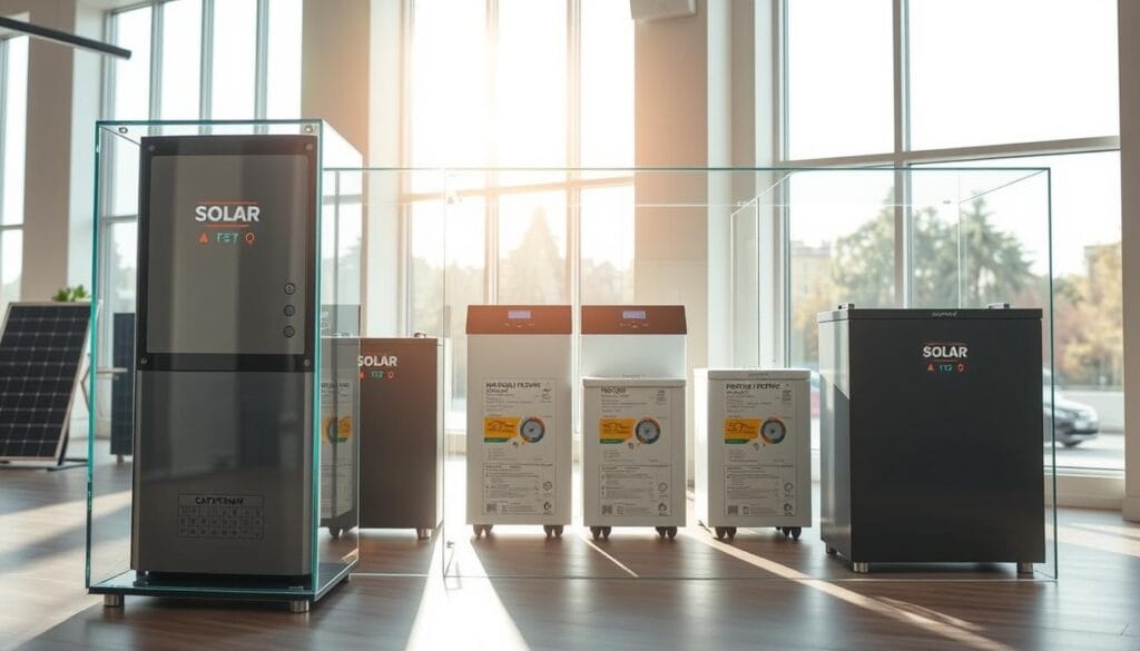 A transparent glass display case stands in a well-lit showroom, showcasing a range of solar batteries. The batteries are arranged in a visually appealing layout, their sleek designs and technical specifications clearly visible. Soft, natural lighting filters in from large windows, creating a warm and inviting atmosphere. The overall scene conveys a sense of quality, reliability, and attention to detail - key factors for potential buyers considering a home solar power system. The image aims to communicate transparency, highlighting the technical details and pricing information that consumers would need to make an informed decision.