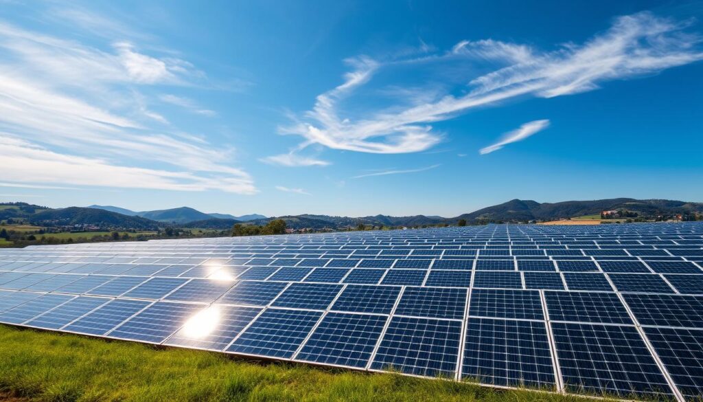 A vast solar array with sleek, modern solar panels arranged in neat rows, capturing the sun's radiant energy. The panels are set against a clear blue sky, with wispy clouds drifting overhead. The foreground features a well-maintained grassy field, while the middle ground showcases the intricate details of the solar panels, their shiny surfaces reflecting the sunlight. In the background, rolling hills and lush vegetation create a serene, natural landscape. The lighting is crisp and directional, highlighting the panels' efficiency and the clean, renewable energy they generate. The overall atmosphere conveys a sense of environmental harmony and technological progress.