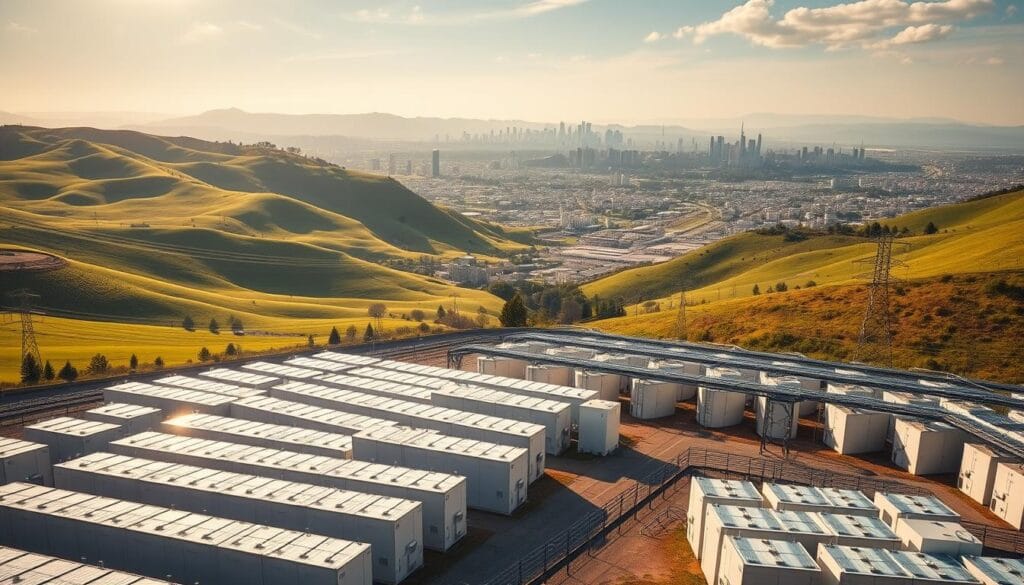 A vast storage facility nestled amidst rolling green hills, bathed in warm, golden sunlight. In the foreground, row upon row of sleek, modern battery units stand ready to store energy harnessed from solar panels nearby. The middle ground showcases the interconnected network of power cables and monitoring systems, highlighting the complex infrastructure that manages the flow of energy. In the background, a sprawling city skyline serves as a testament to the growing demand for sustainable energy solutions. The scene conveys a sense of efficiency, innovation, and the promise of a future powered by renewable resources.