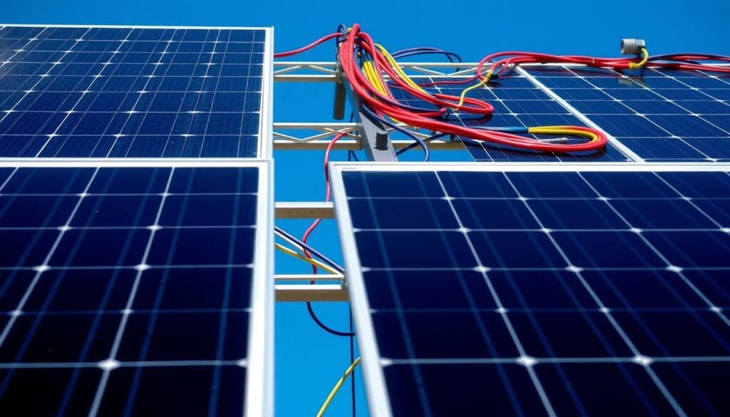 A sophisticated, close-up view of the core components that power a solar energy system. In the foreground, a sleek, high-efficiency solar panel shimmers with a metallic sheen, its surface capturing the warm glow of sunlight. In the middle ground, a compact, state-of-the-art inverter glows with a soft, pulsing light, converting the sun's energy into usable electricity. In the background, a complex array of wires, cables, and connectors weave together, forming the intricate network that distributes power throughout the system. The overall composition conveys a sense of technological sophistication, efficiency, and the seamless integration of components that enable the harnessing of renewable solar energy.