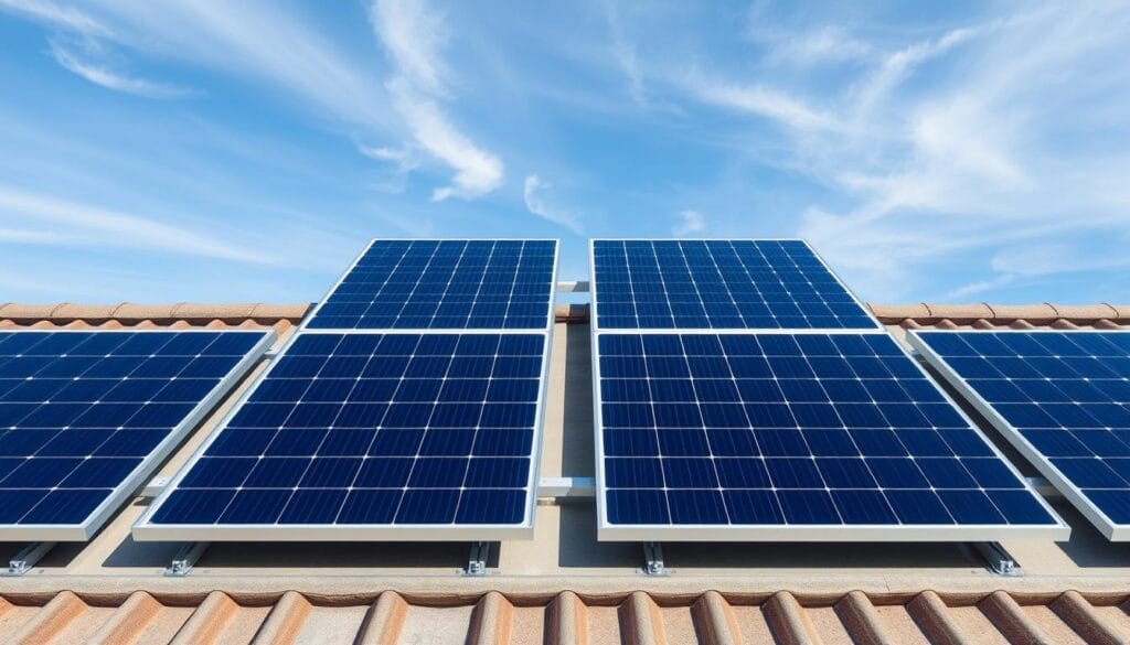 A well-lit, high-resolution photograph of multiple solar panels installed on a rooftop, capturing a clean, modern architectural design. The panels have a sleek, uniform appearance with a deep blue-black hue, arranged in a symmetrical grid layout that fills the frame. The background showcases a clear, blue sky with wispy, white clouds, creating a serene and peaceful atmosphere. The image should convey a sense of renewable energy, efficiency, and technological innovation, highlighting the key features and capabilities of contemporary PV panel systems.