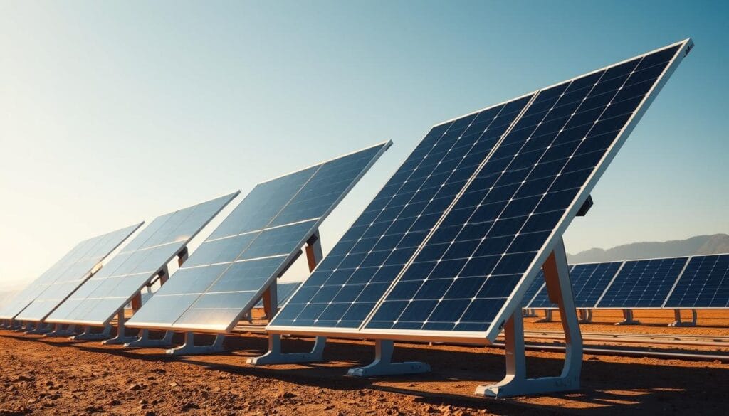 An array of sleek, modern solar panels standing tall against a clear blue sky, their glossy surfaces glistening in the warm, directional sunlight. The panels are neatly arranged in rows, casting crisp, well-defined shadows across the ground. The perspective is slightly elevated, giving a sense of scale and showcasing the efficient, modular design. The foreground is sharp and in focus, while the background softly fades into a hazy horizon, conveying a sense of depth and tranquility. The overall scene exudes a feeling of clean, renewable energy and technological sophistication.